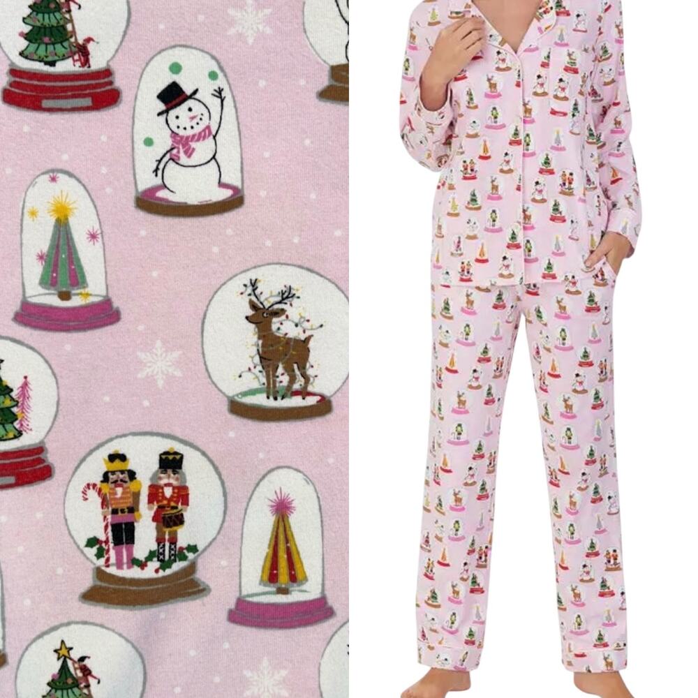 EUC Bedhead Snow Globe Print Pink Pajama Set Mismatched Sizes M Top S Bottom